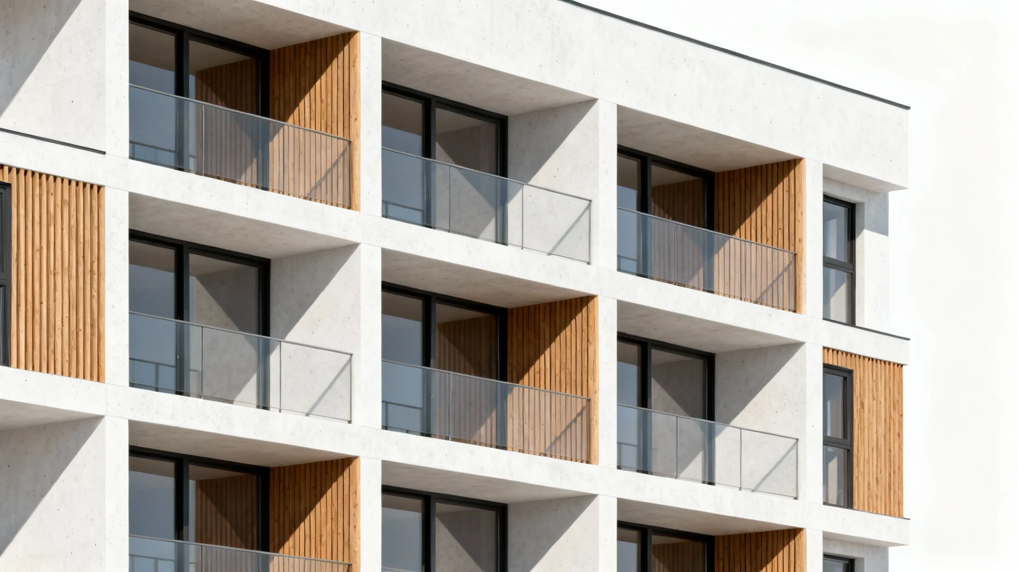 A modern apartment building elevation design, showcasing a sleek facade with a blend of white concrete, wood paneling, and large glass windows against a solid white background.