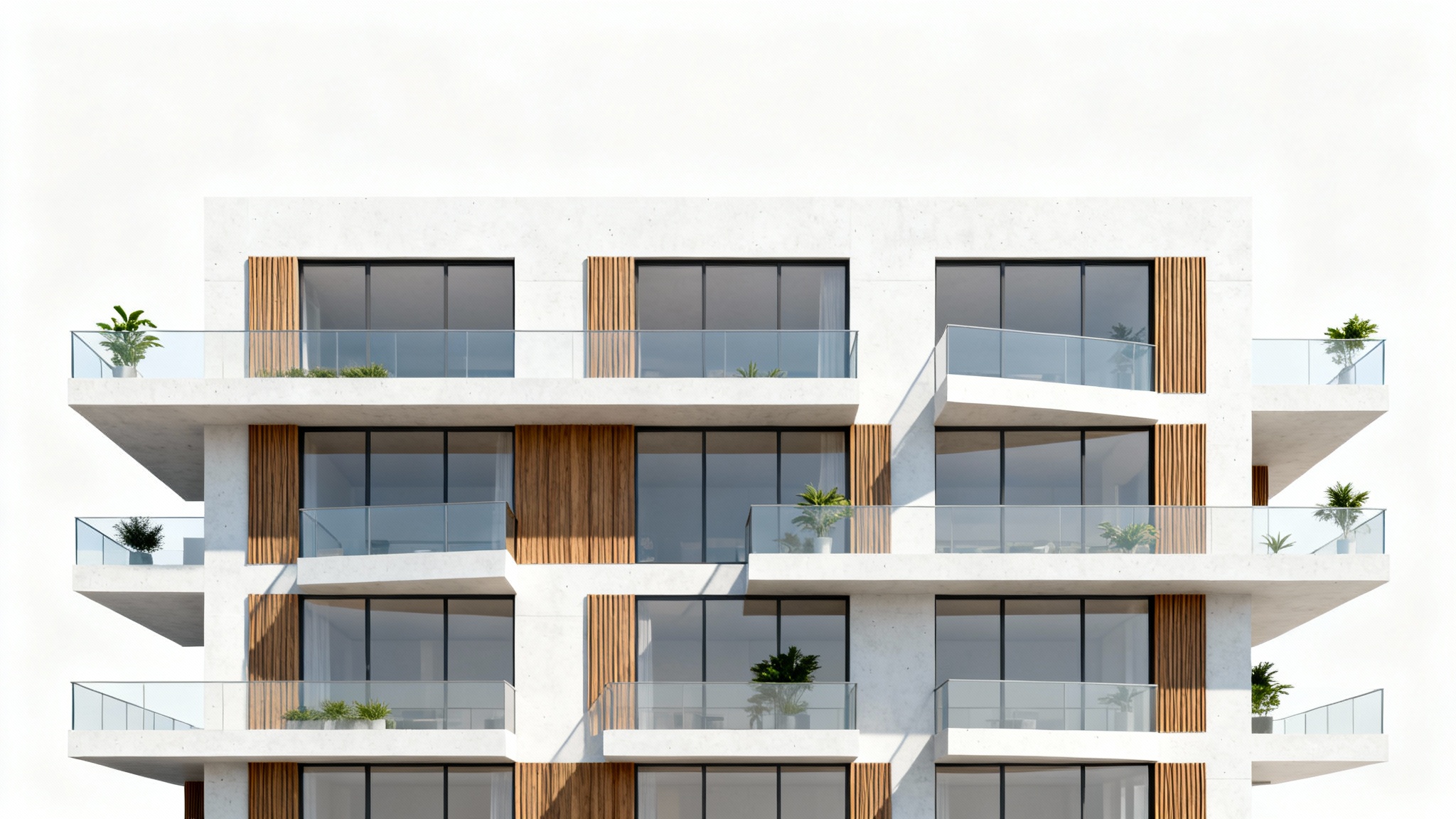 A photorealistic architectural rendering of a modern apartment building's front elevation, featuring a clean design with glass, concrete, and wood accents, isolated on a white background.