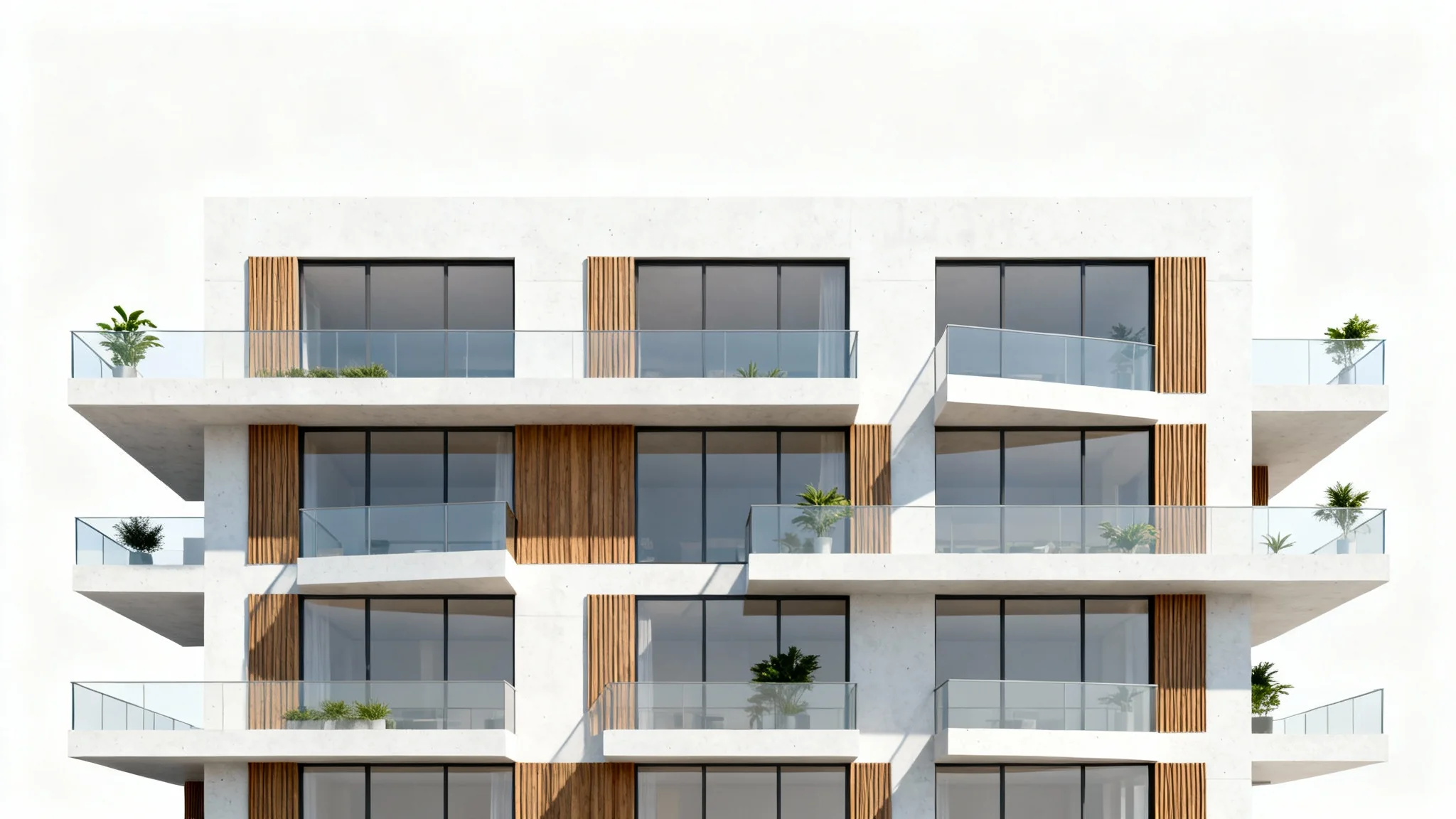 A photorealistic architectural rendering of a modern apartment building's front elevation, featuring a clean design with glass, concrete, and wood accents, isolated on a white background.