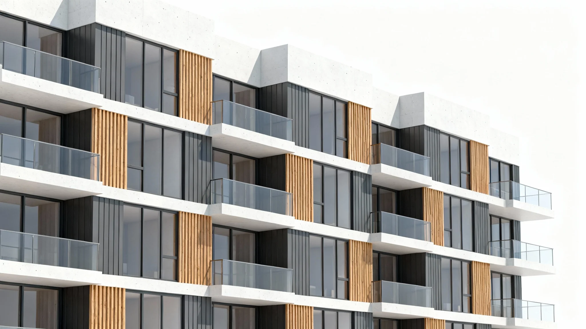 A photorealistic architectural rendering of a modern apartment building's front elevation, showcasing a clean design with wood, concrete, and large windows, presented against a plain white background.