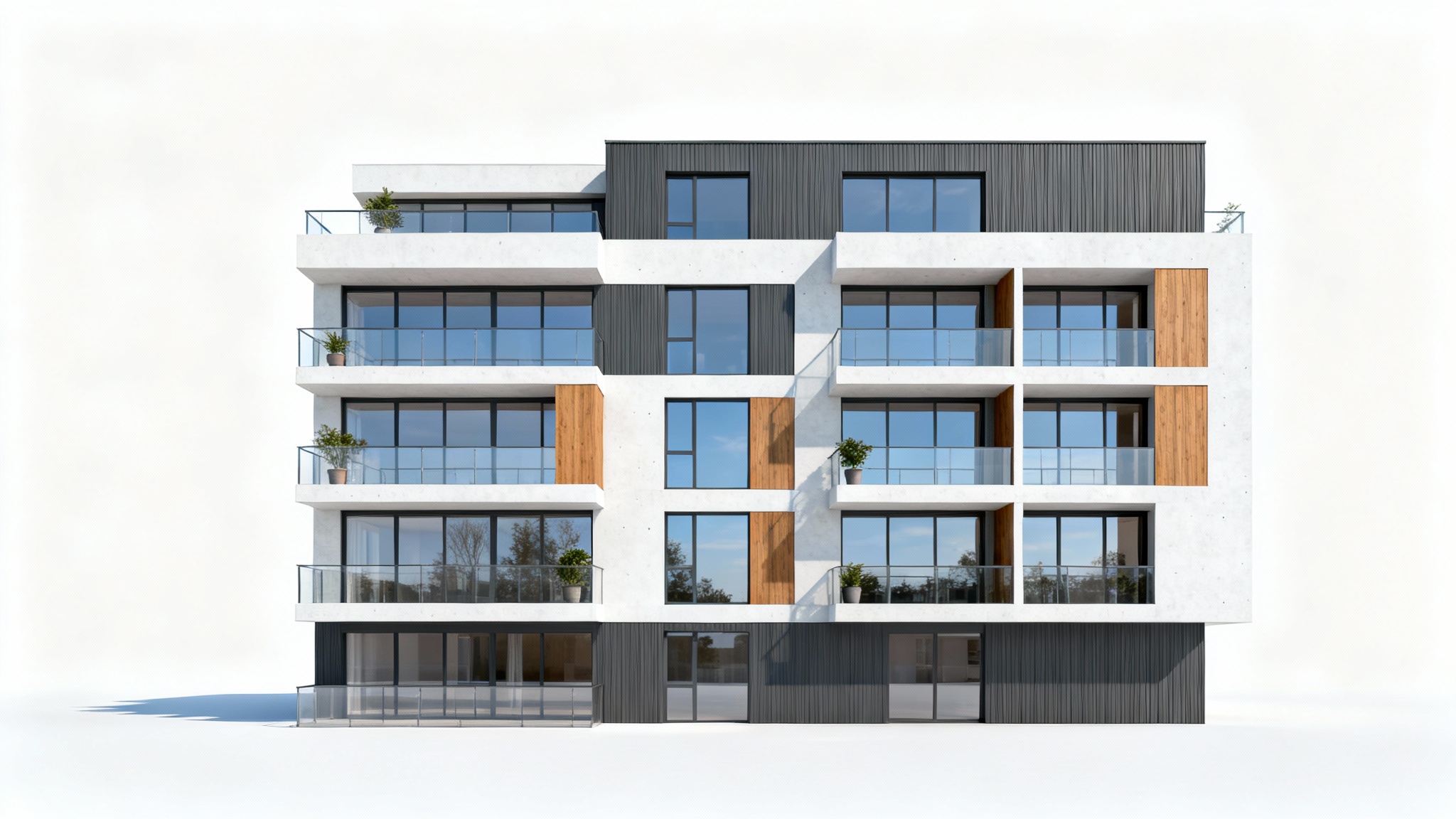 A photorealistic architectural rendering of a modern, 5-story apartment building with balconies and large windows, presented against a clean white background.