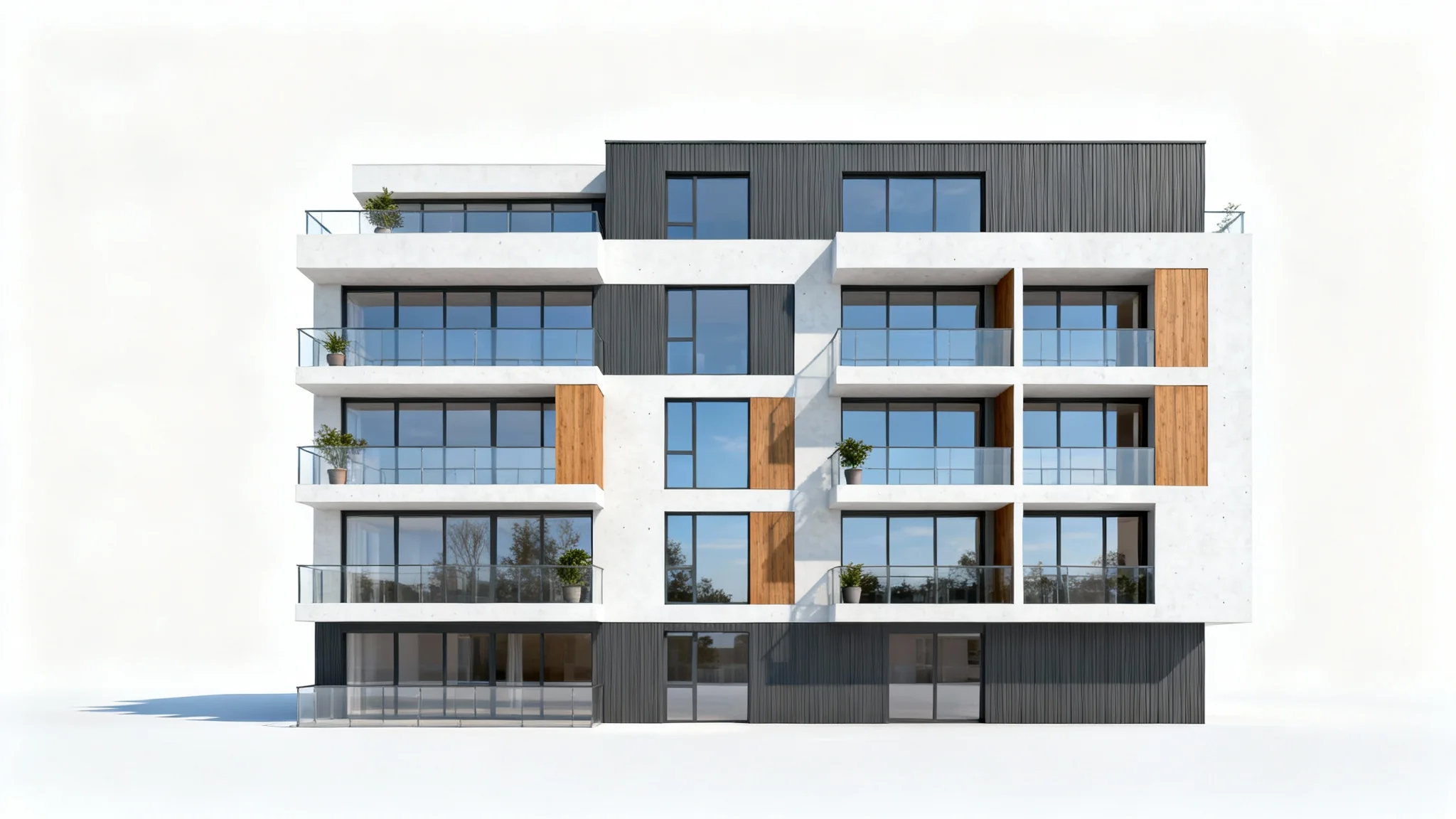 A photorealistic architectural rendering of a modern, 5-story apartment building with balconies and large windows, presented against a clean white background.