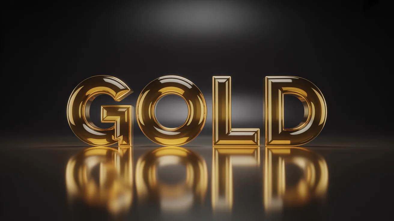 The word GOLD rendered in a stunning, hyperrealistic 3D gold text effect, showcasing polished reflections and a luxurious feel against a dark background.