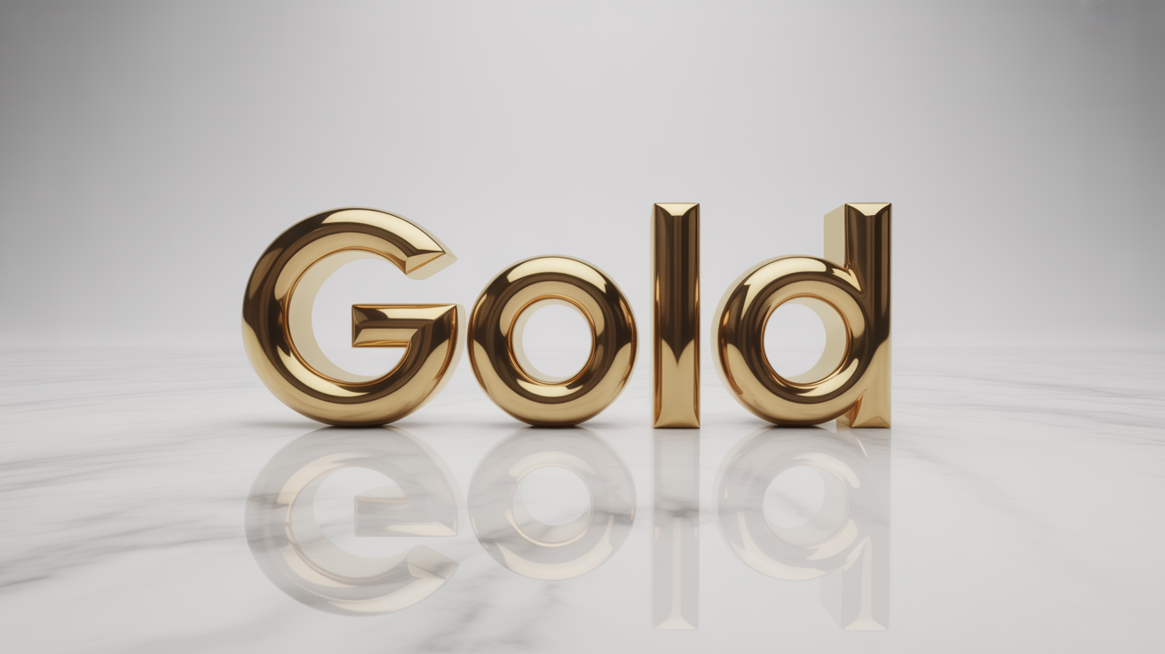 A photorealistic 3D rendering of the word 'GOLD' in a polished, shiny gold text effect, casting a soft shadow on a clean white background.