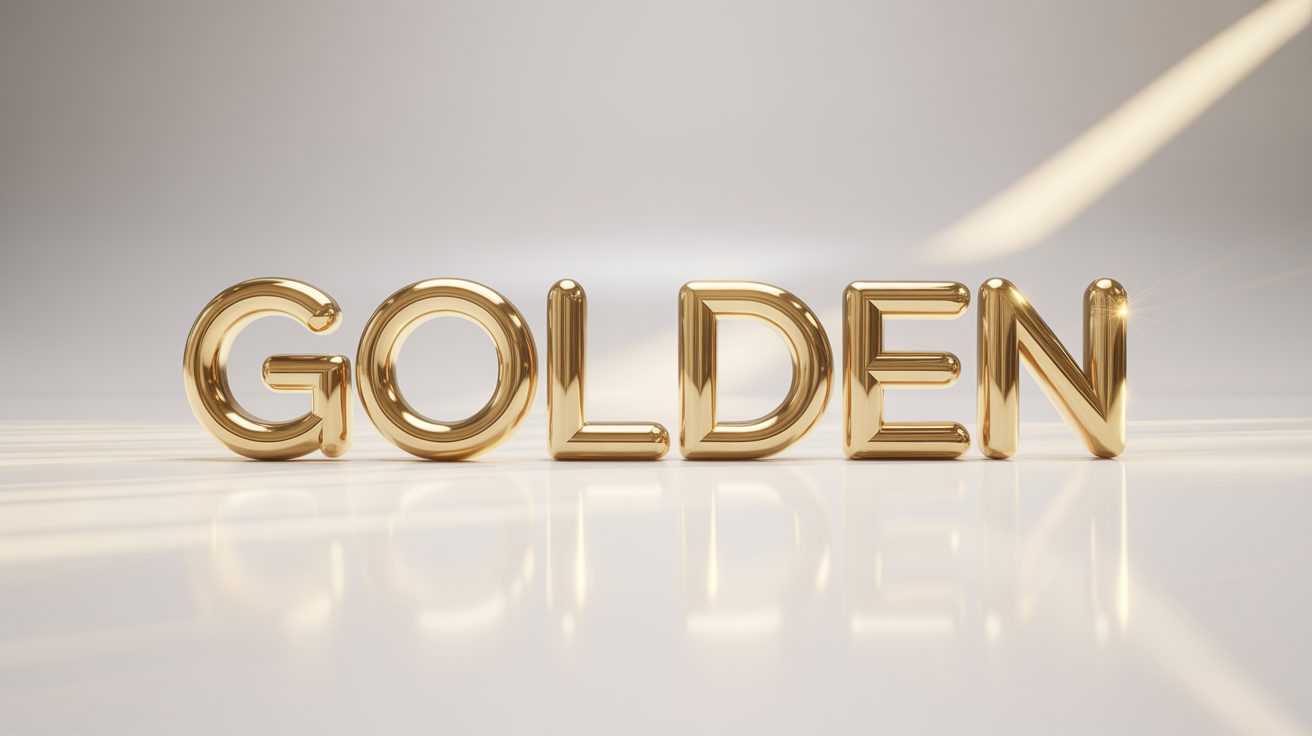The word 'GOLDEN' is displayed in a bold, 3D style with a polished, reflective gold finish, casting a soft shadow against a plain white background.