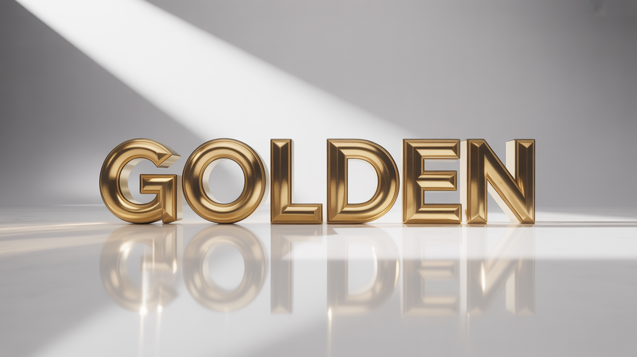 The word 'GOLDEN' rendered in a hyper-realistic, polished 3D gold text effect, showcased from a slight angle against a pure white background to highlight its depth and shine.
