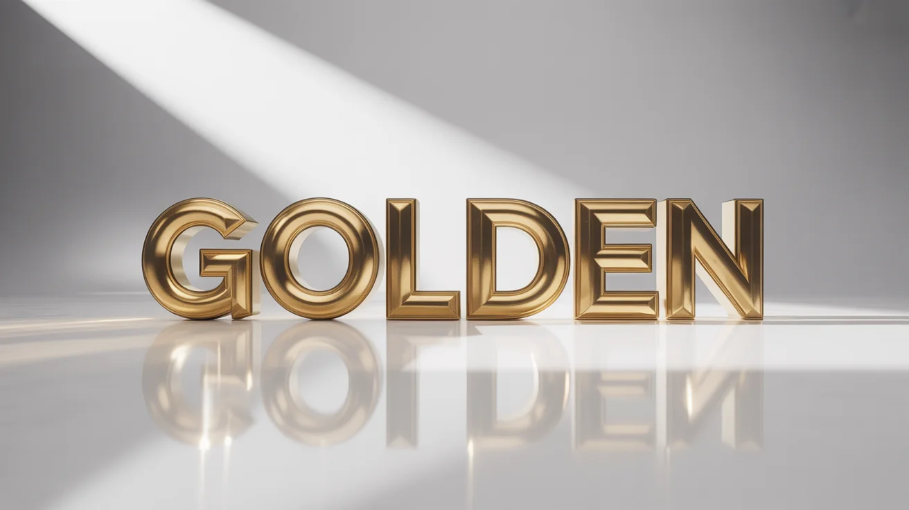 The word 'GOLDEN' rendered in a hyper-realistic, polished 3D gold text effect, showcased from a slight angle against a pure white background to highlight its depth and shine.