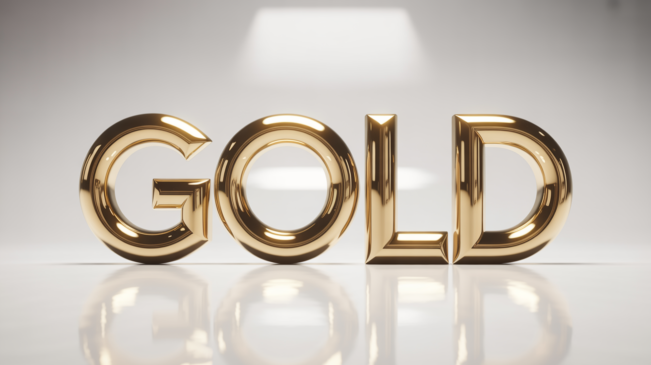 A photorealistic image showing the word "GOLD" in a thick, shiny 3D gold text effect, casting a soft shadow on a clean white background.