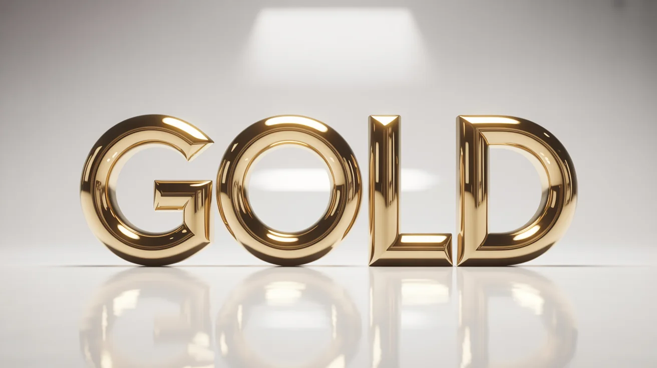 A photorealistic image showing the word "GOLD" in a thick, shiny 3D gold text effect, casting a soft shadow on a clean white background.