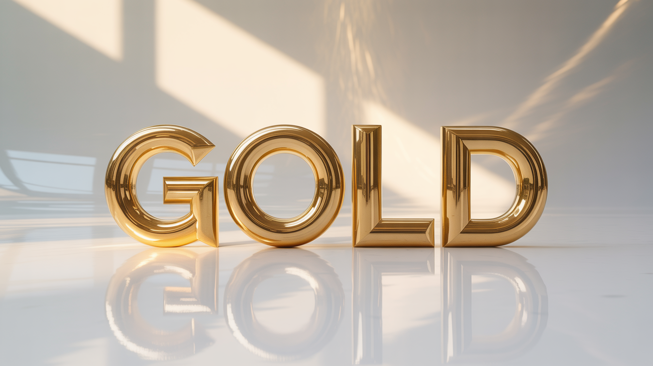 A photorealistic 3D rendering of the word 'GOLD' in a brilliant, polished gold finish, set against a stark white background to showcase a 3D text effect.