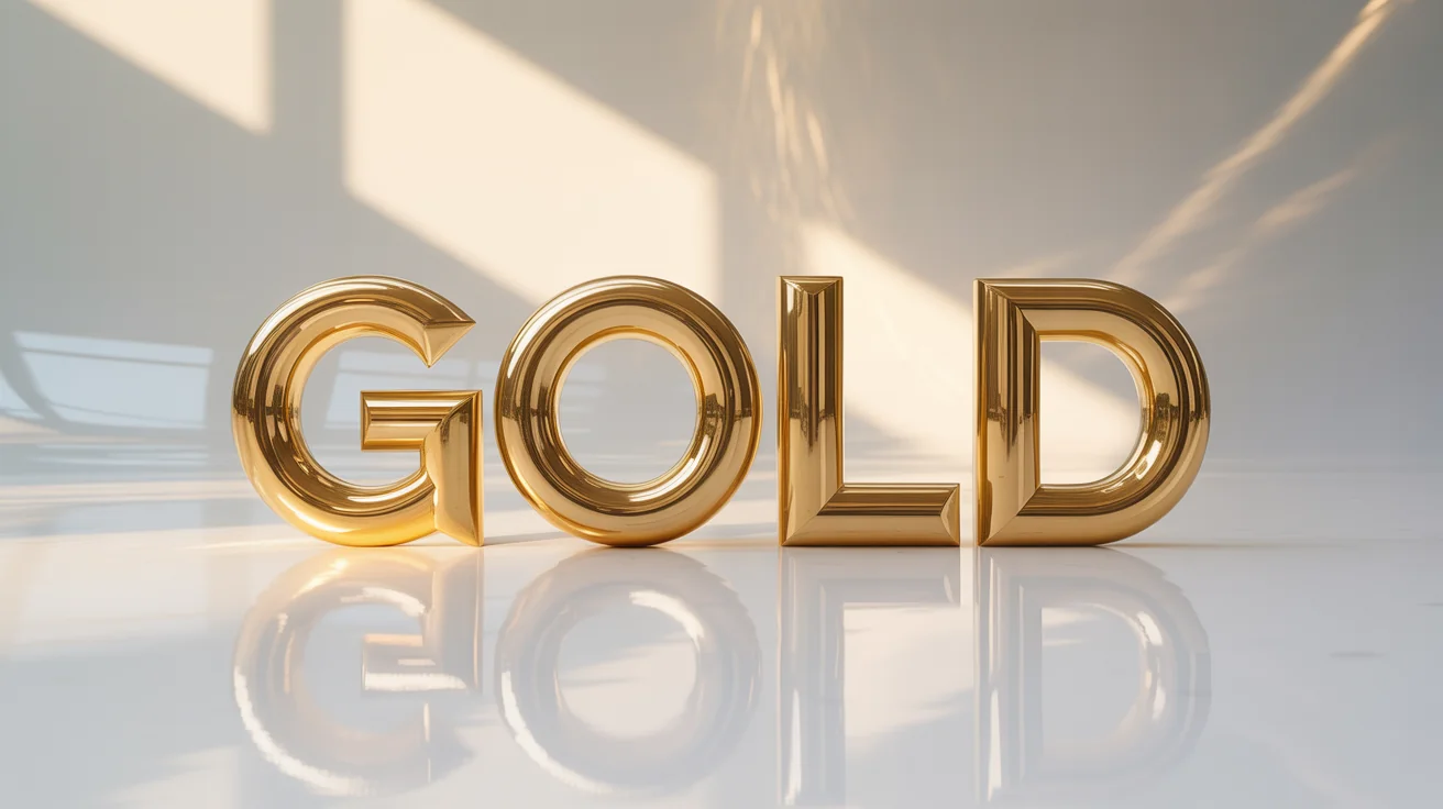 A photorealistic 3D rendering of the word 'GOLD' in a brilliant, polished gold finish, set against a stark white background to showcase a 3D text effect.