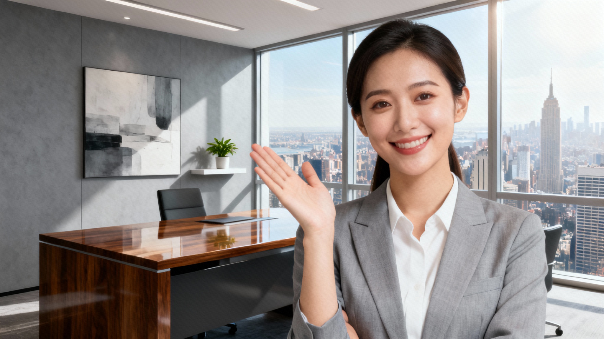 A professional woman in a video call, using a virtual background that shows a modern, sunlit office with a desk and a view of a city.