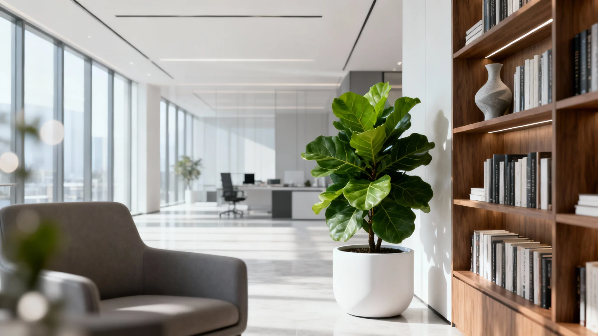 A photorealistic mockup of a modern professional office interior with minimalist furniture and large windows, designed as a virtual background.