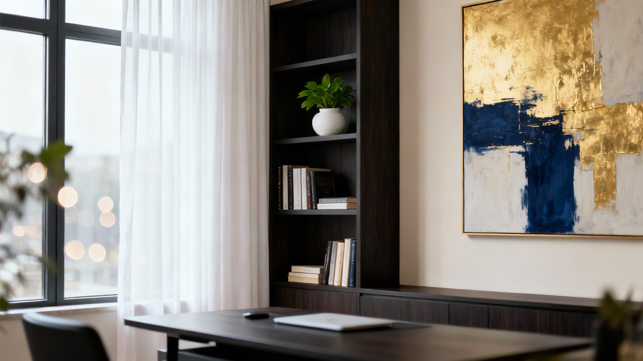 A photorealistic image of a professional and modern office background, featuring a bright room with a large window, a minimalist bookshelf, and a piece of abstract art, designed for use in a video call.