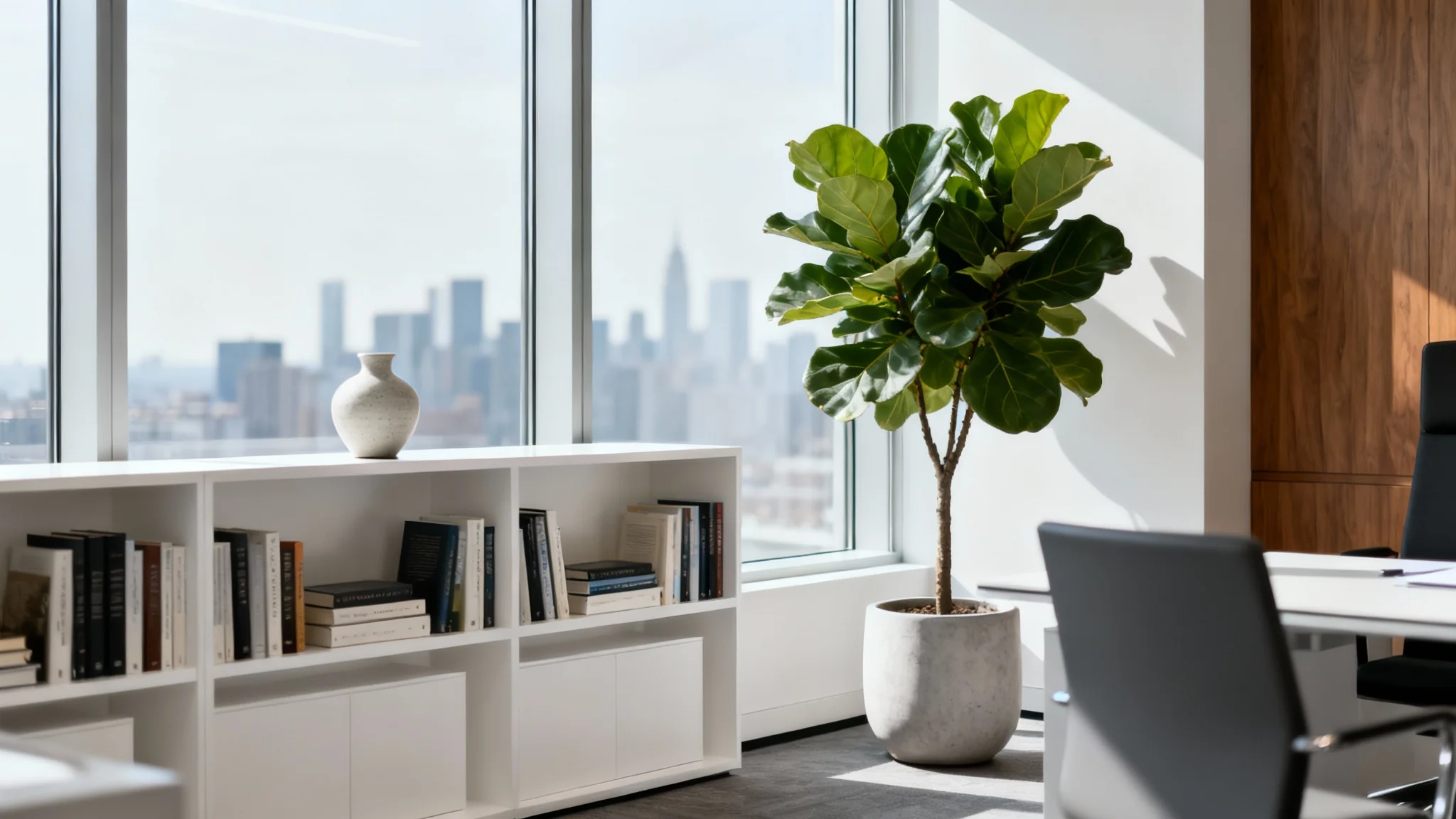 A photorealistic image of a modern and professional office background, featuring a bright, minimalist interior with a large window, a green plant, and a sleek bookshelf.