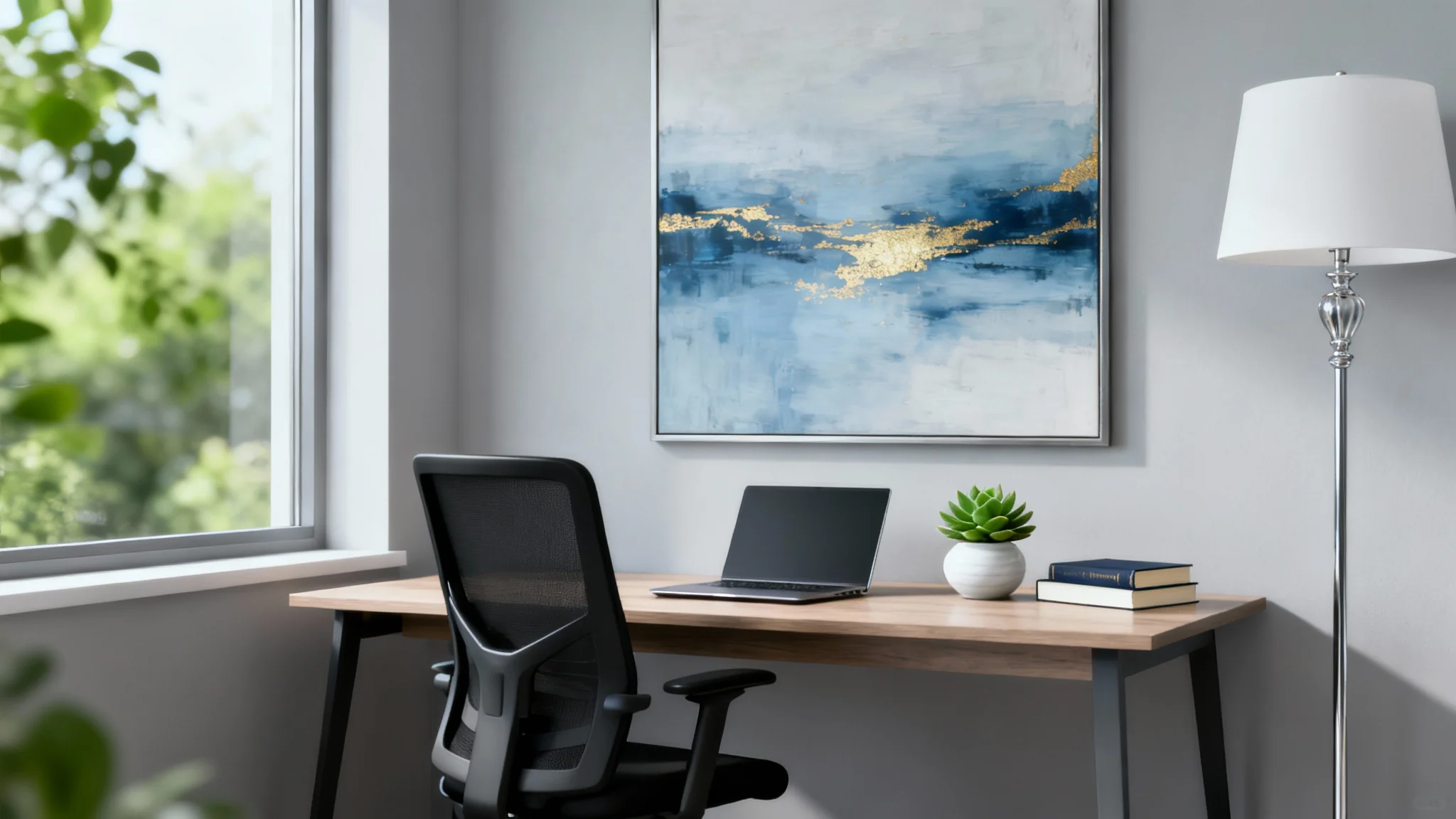 A modern and professional office background for virtual meetings, featuring a minimalist desk, a large window with natural light, and tasteful decor on a white background.