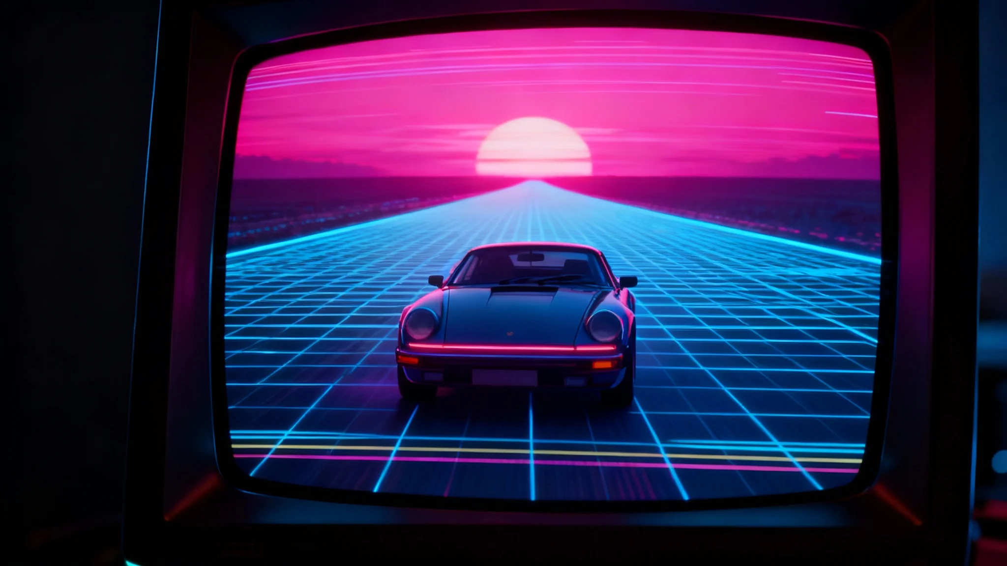 A retro-futuristic synthwave scene of a sports car driving into a neon sunset, viewed through a CRT screen filter with visible scan lines and screen glow, demonstrating a CRT overlay effect.