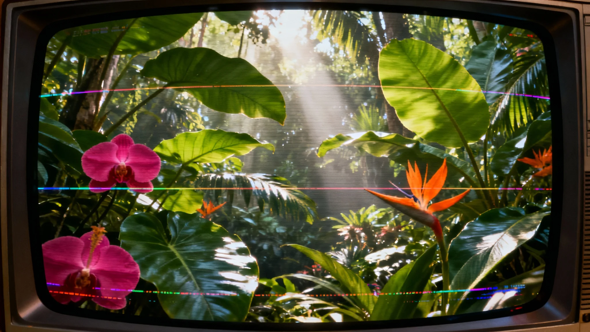 A lush tropical jungle scene with vibrant flowers, displayed with a retro CRT screen overlay effect, including visible scanlines and screen curvature.