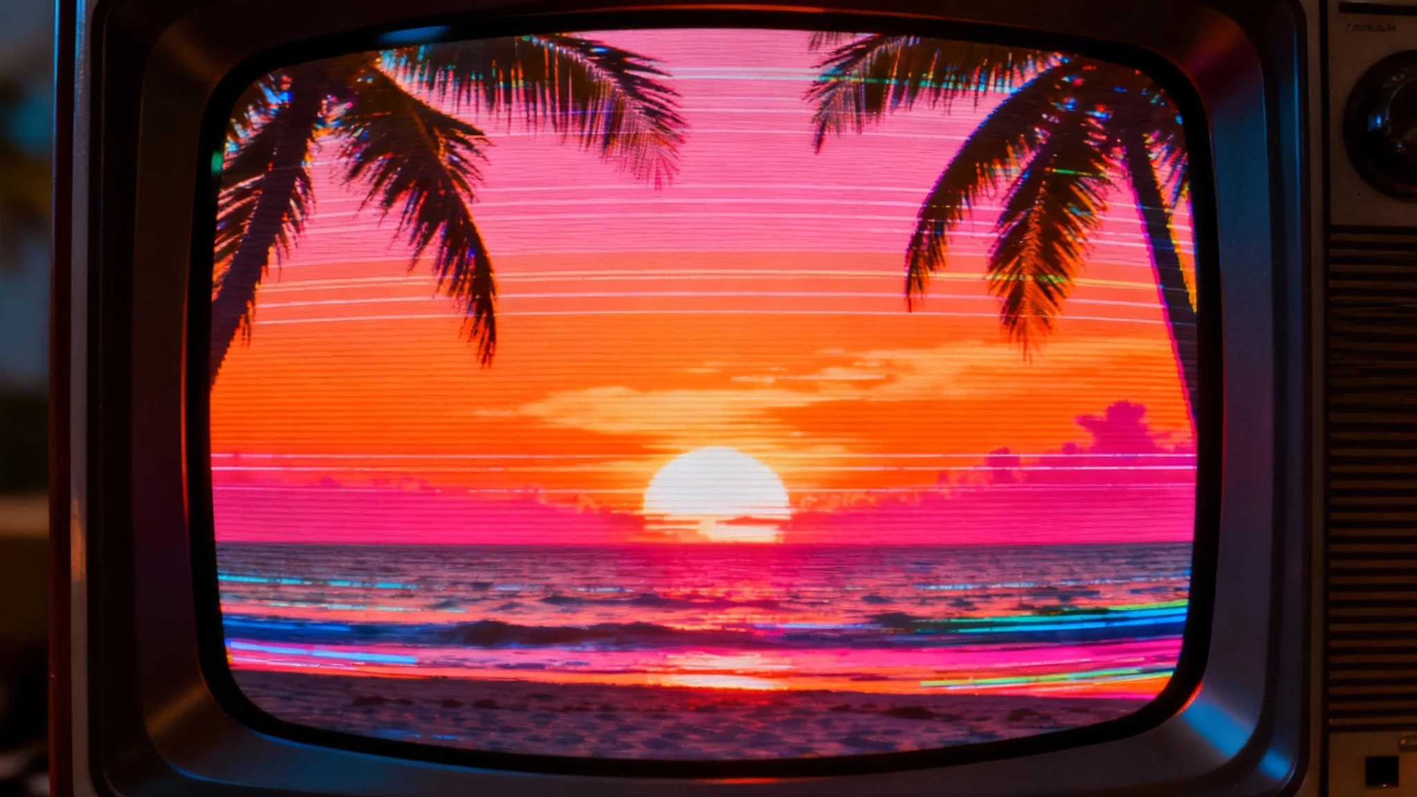 A close-up image of a tropical beach sunset, distorted by a retro CRT screen overlay with visible horizontal scan lines, a pixel grid, and color bleeding.