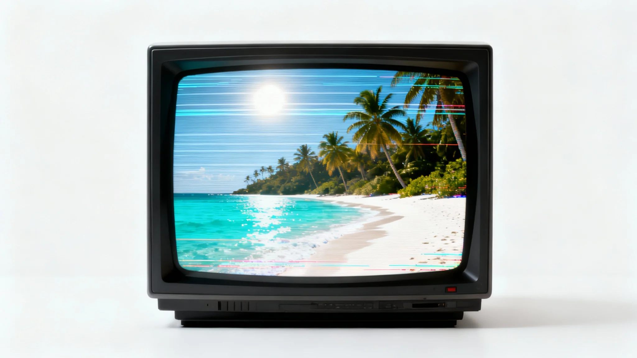 A tropical beach scene viewed through a retro CRT screen overlay, featuring prominent scan lines and glitch effects, demonstrating a vintage television look.