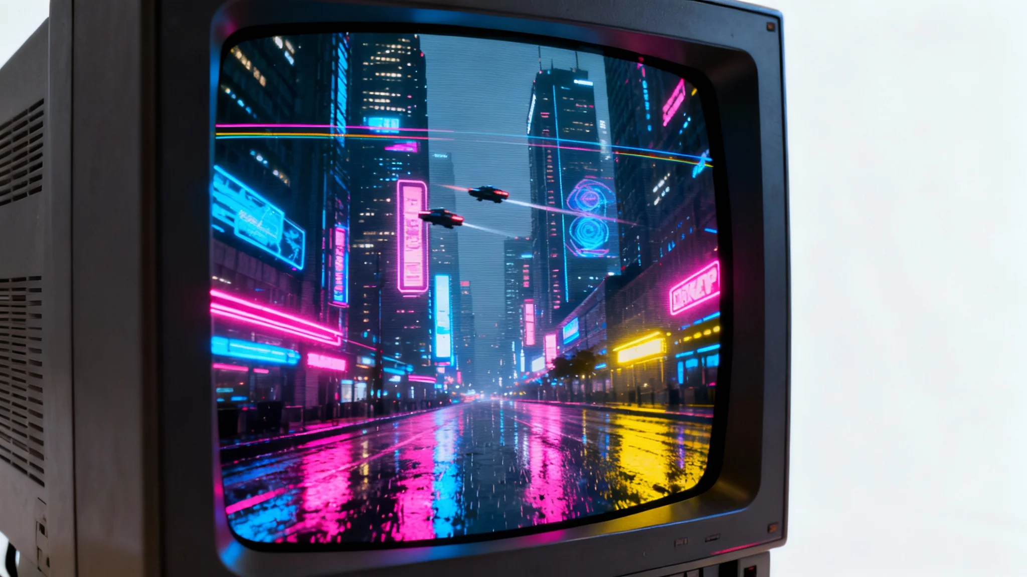 A vibrant cyberpunk city at night with flying cars, viewed as if on an old, curved CRT television screen with visible scan lines and a retro glow.