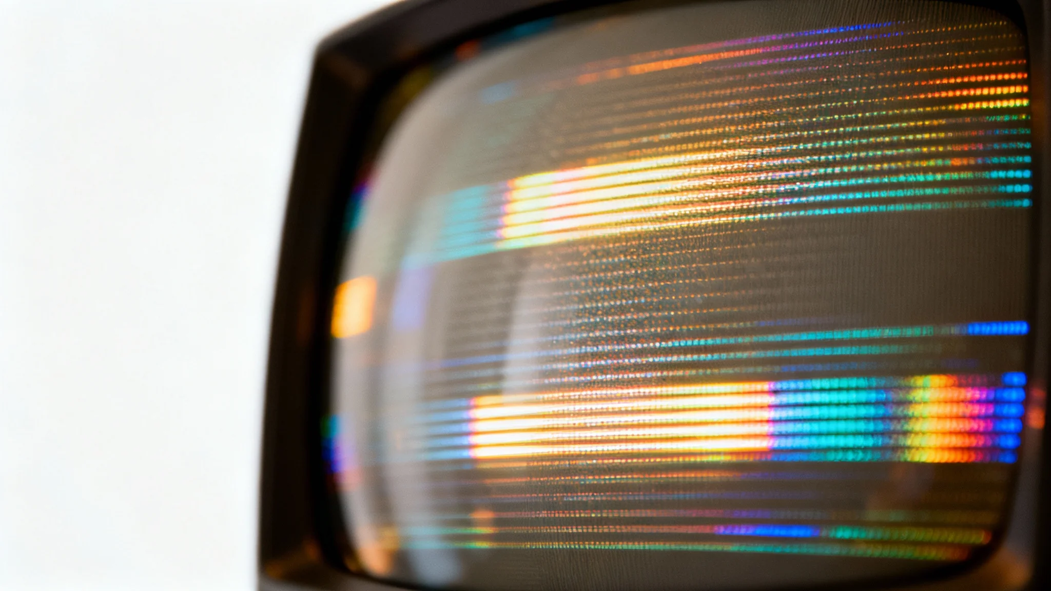 A close-up image of a retro CRT screen effect, featuring visible horizontal scan lines and RGB pixel dots over a colorful abstract pattern, simulating a vintage television display.