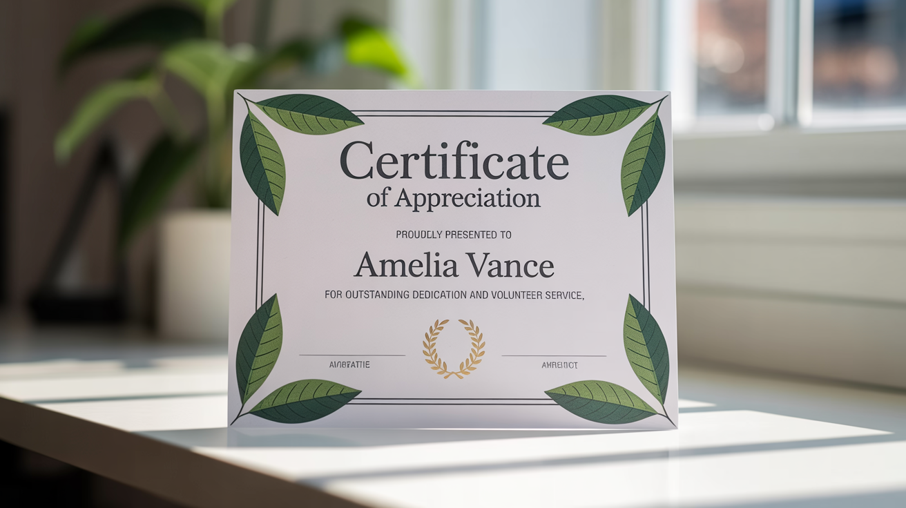 A professionally designed volunteer certificate of appreciation, featuring elegant text and a gold seal, resting on a clean, modern surface.