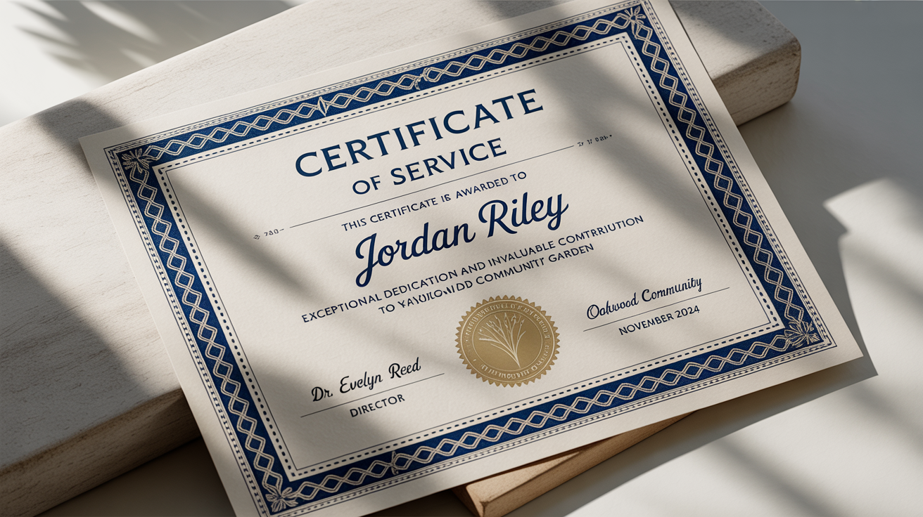 A professional and elegant volunteer certificate of service awarded to 'Jordan Riley' for their work at the 'Oakwood Community Garden'. The certificate has a classic design with a blue border and a gold foil seal, presented on a white background.