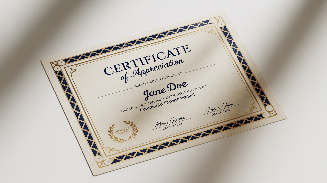 A professional and elegant volunteer certificate of appreciation for 'Jane Doe' for her work on the 'Community Growth Project', displayed on a white background.