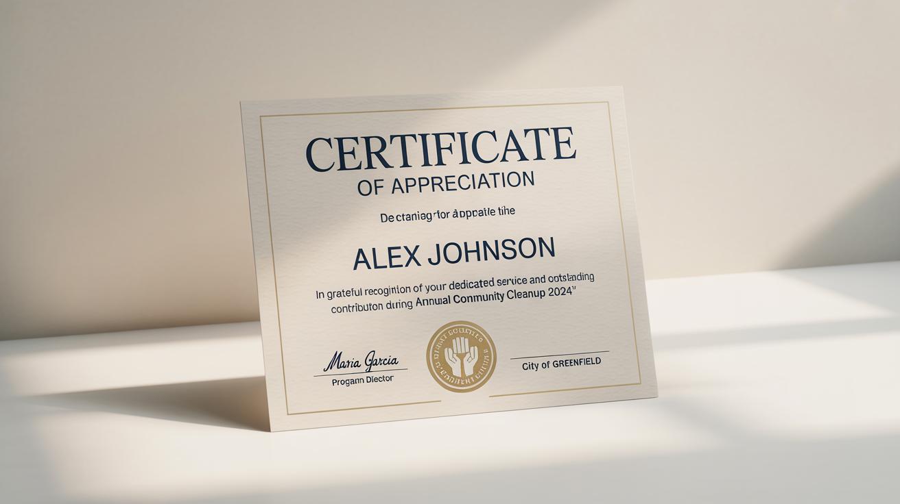 A professional mockup of a volunteer 'Certificate of Appreciation' for 'Alex Johnson', featuring an elegant design with gold foil accents, presented on a plain white background.