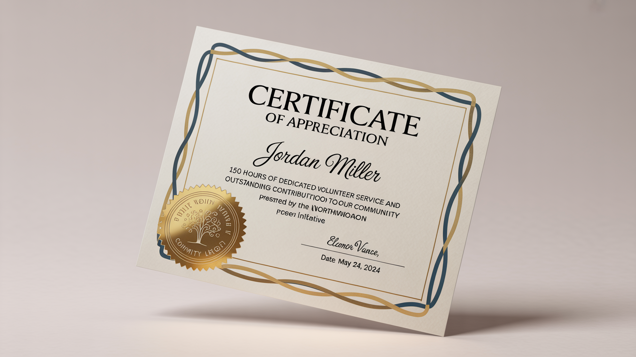 A professionally designed volunteer certificate of appreciation, presented at an angle on a white background. The certificate features elegant gold and blue details and a gold foil seal.