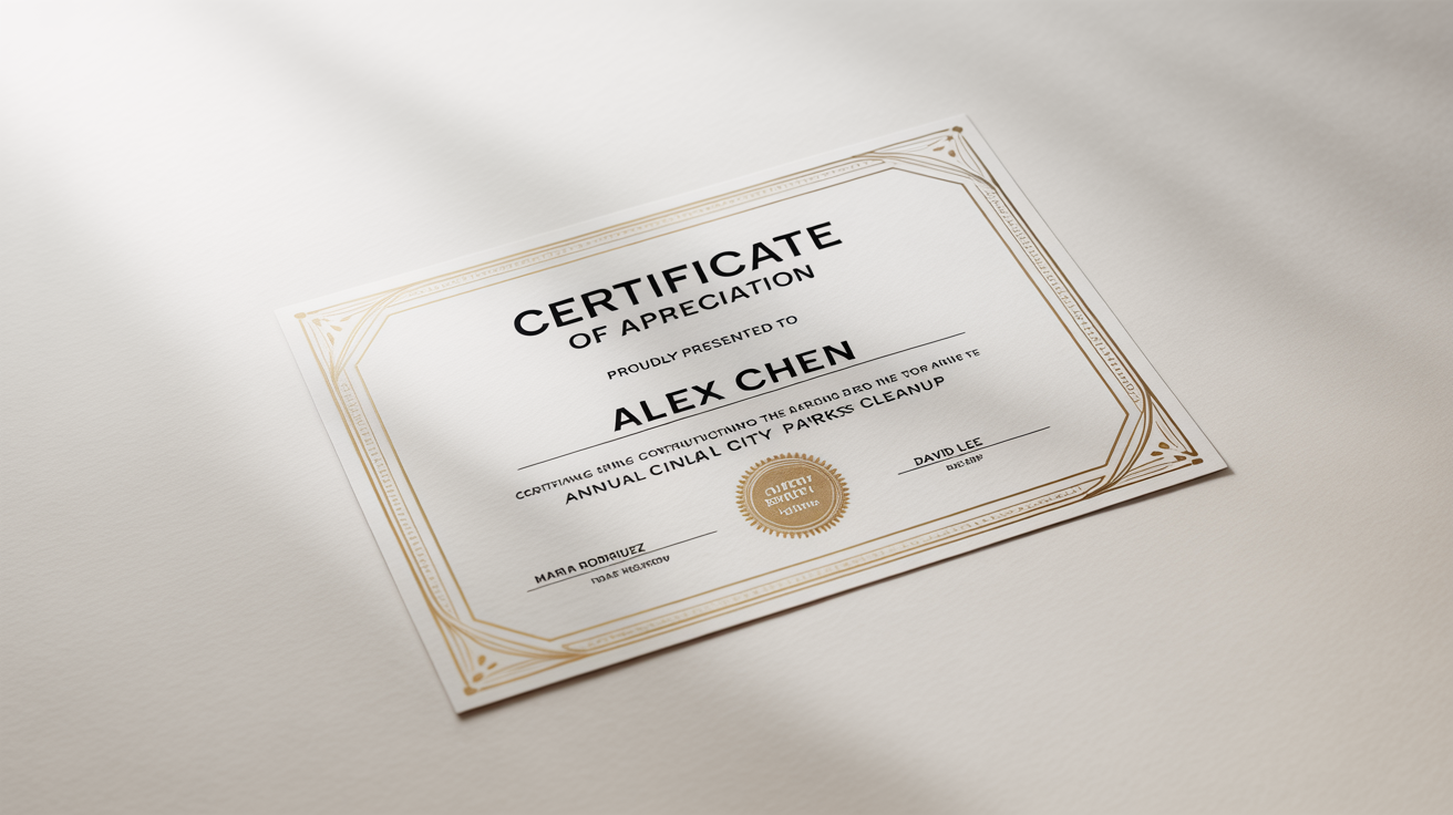 A professional mockup of a volunteer certificate of appreciation awarded to Alex Chen for the 'Annual City Parks Cleanup', featuring an elegant design with gold foil details on a white background.