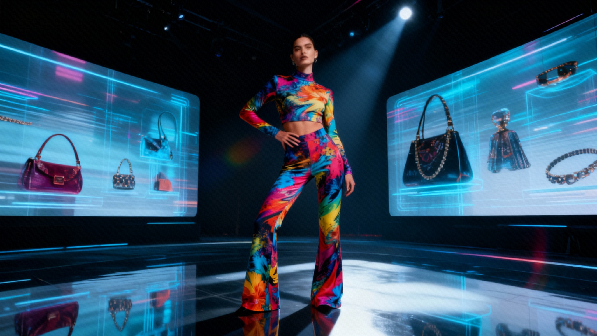 A cinematic still from a futuristic fashion video, showing a model in a digitally printed outfit posing in a high-tech studio with holographic displays.