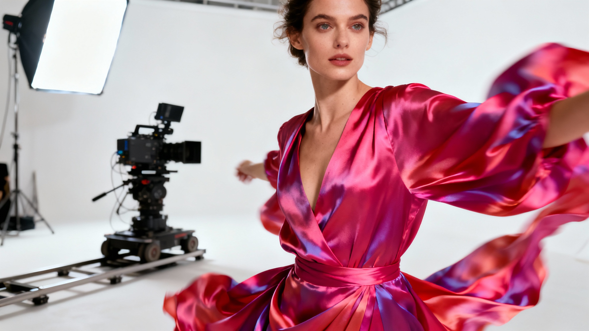 A behind-the-scenes shot of a fashion video production in a minimalist white studio, showing a model in a colorful dress mid-pose for a professional camera.