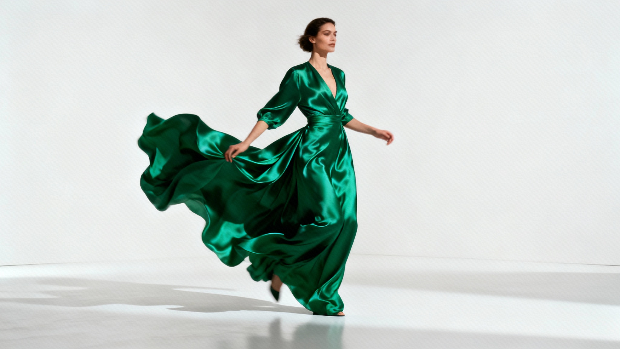 A cinematic still from a fashion video, showing a model in a flowing emerald green gown posing dynamically against a stark white studio background.