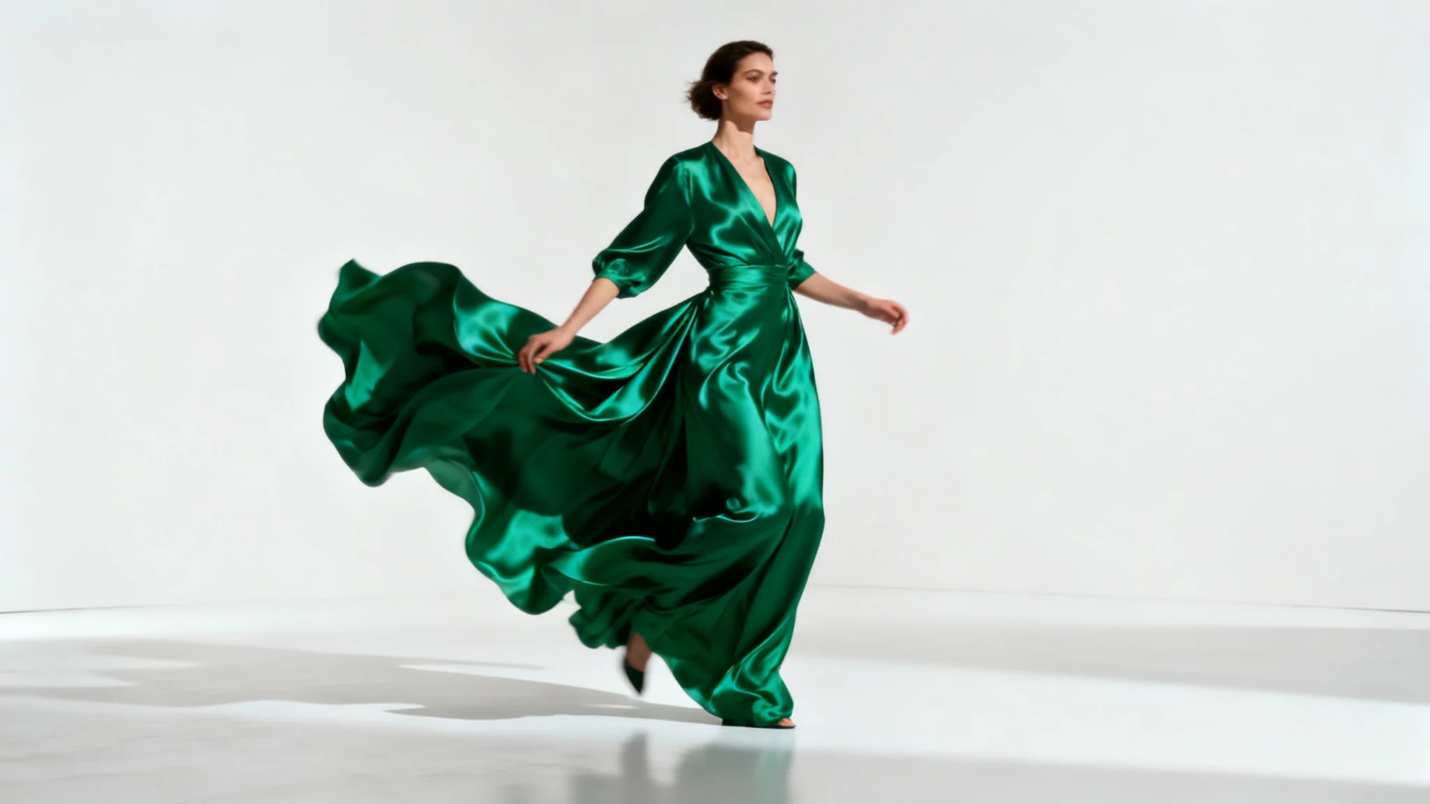 A cinematic still from a fashion video, showing a model in a flowing emerald green gown posing dynamically against a stark white studio background.