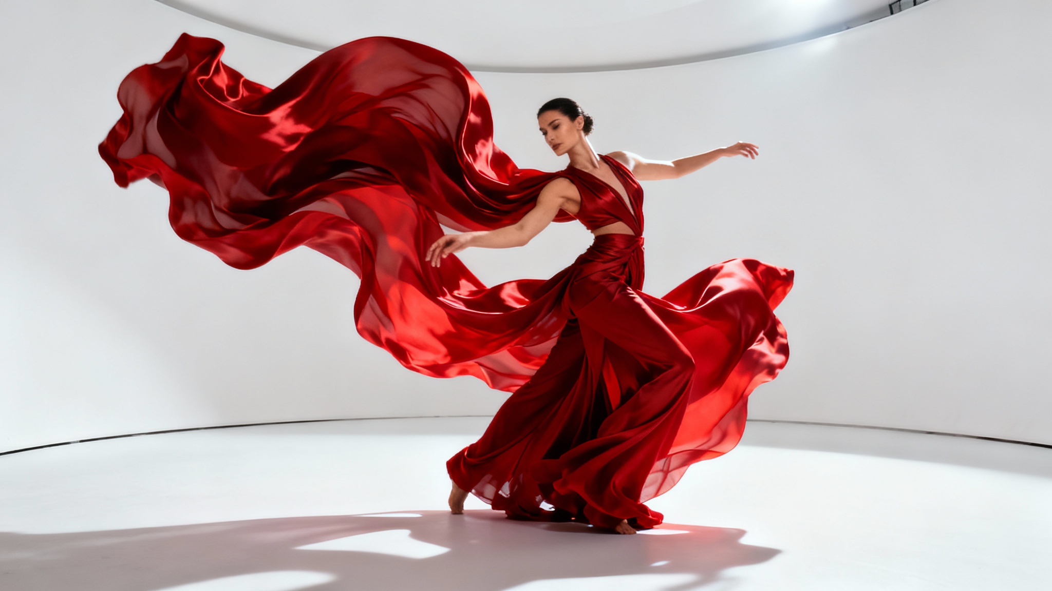 A dynamic still shot of a fashion model mid-motion against a white background, wearing a flowing vibrant red outfit that swirls around them, evoking the feel of a high-fashion video.