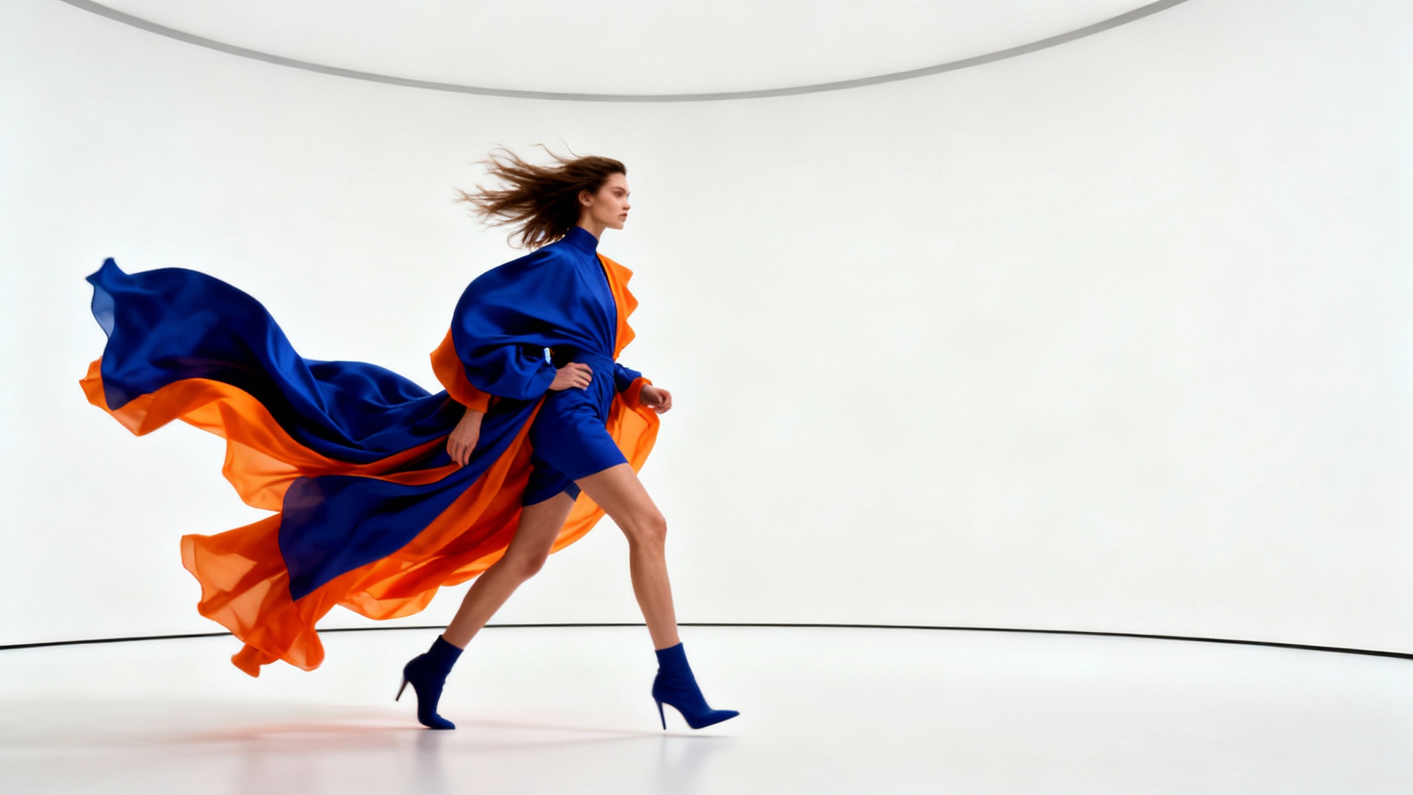 A freeze-frame from a fashion video showing a model in a dynamic pose, wearing a colorful avant-garde outfit against a clean white studio background, conveying energy and style.