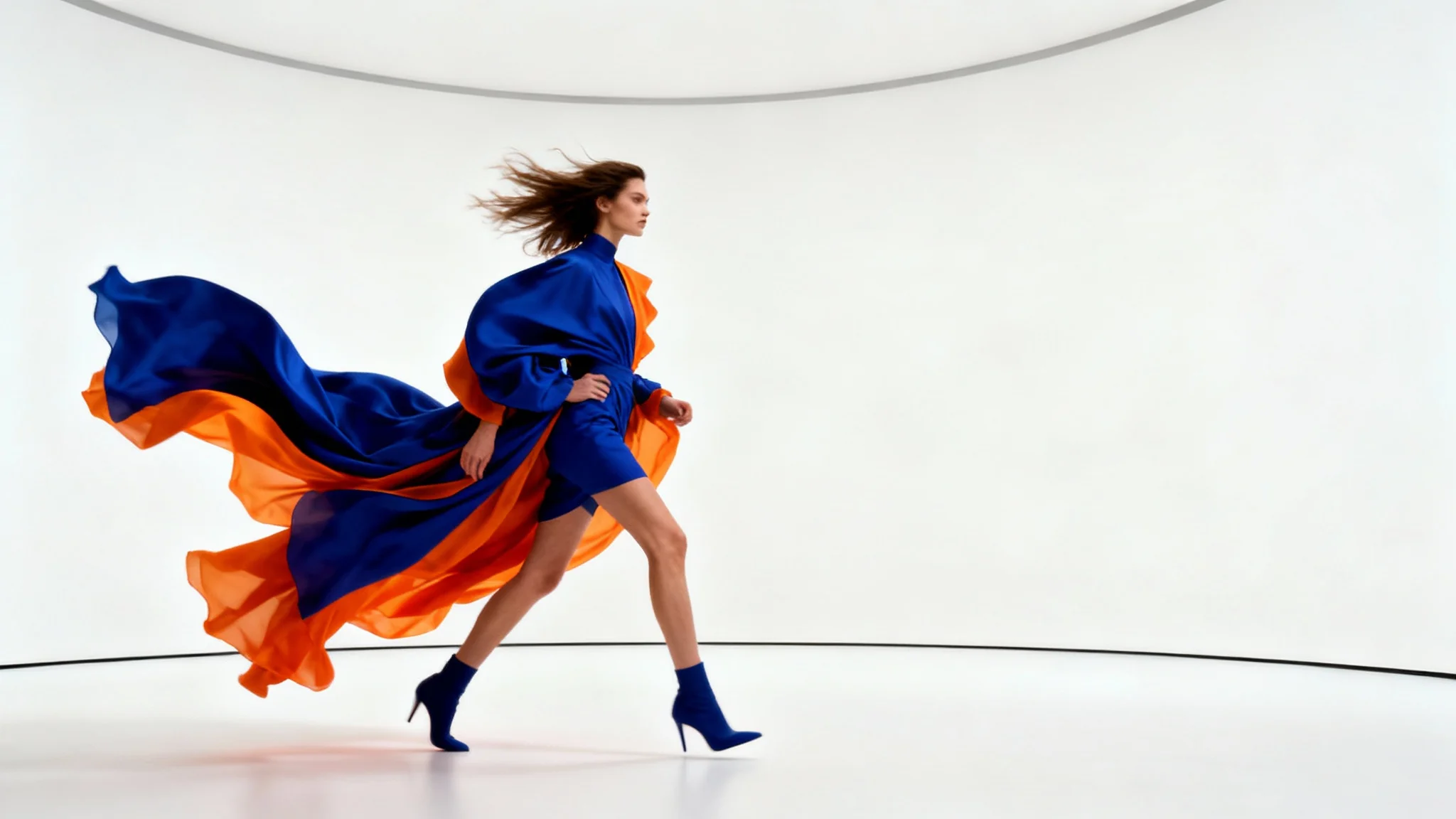 A freeze-frame from a fashion video showing a model in a dynamic pose, wearing a colorful avant-garde outfit against a clean white studio background, conveying energy and style.