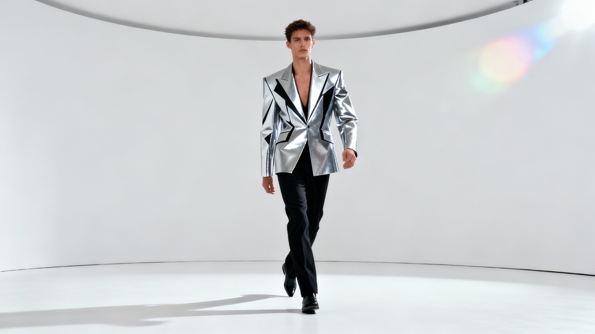 A cinematic mockup for a fashion video, showing a model in a futuristic silver blazer walking confidently against a pure white studio background.