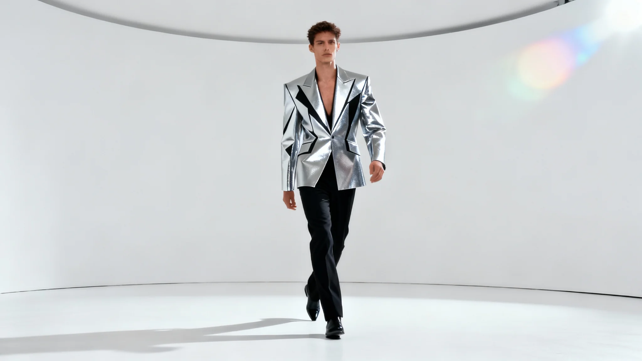 A cinematic mockup for a fashion video, showing a model in a futuristic silver blazer walking confidently against a pure white studio background.
