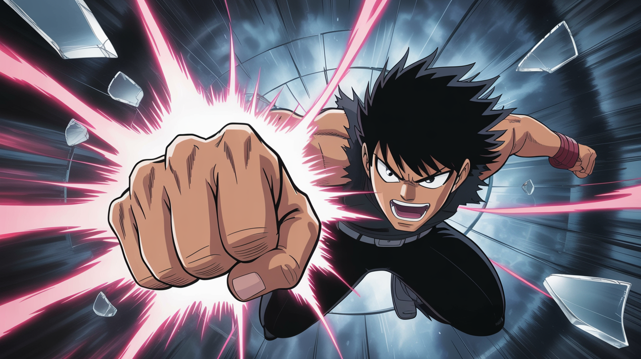 A black and white manga-style impact frame showing an anime character mid-punch, with the image shattered by explosive lines and a broken glass effect to signify a powerful hit.