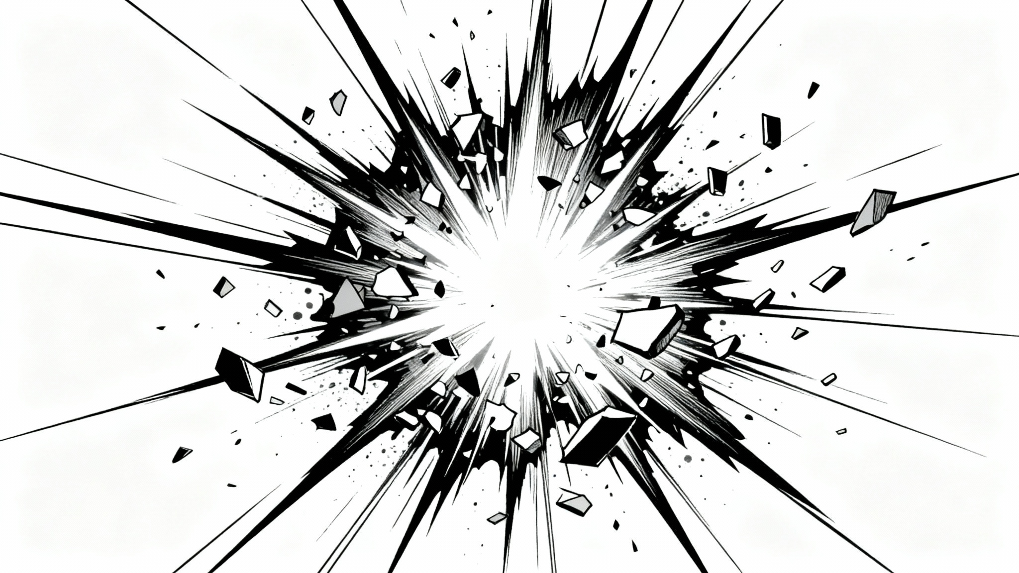 A black and white comic book style impact frame, with sharp lines radiating from a central white flash on a plain white background, conveying a sense of explosion and high energy.