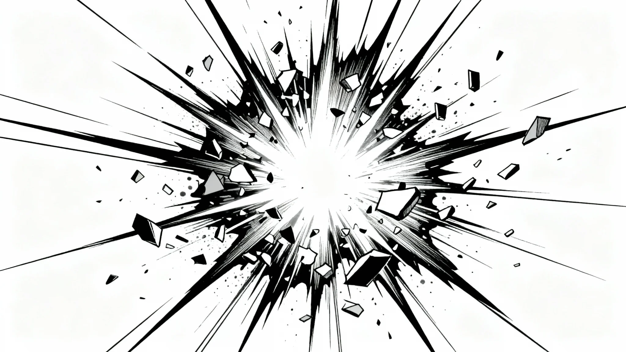 A black and white comic book style impact frame, with sharp lines radiating from a central white flash on a plain white background, conveying a sense of explosion and high energy.