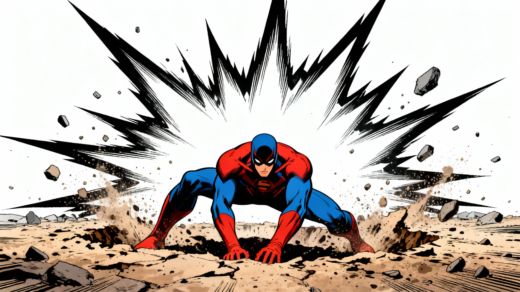 Dynamic anime superhero landing with a black and white impact frame effect on a white background.