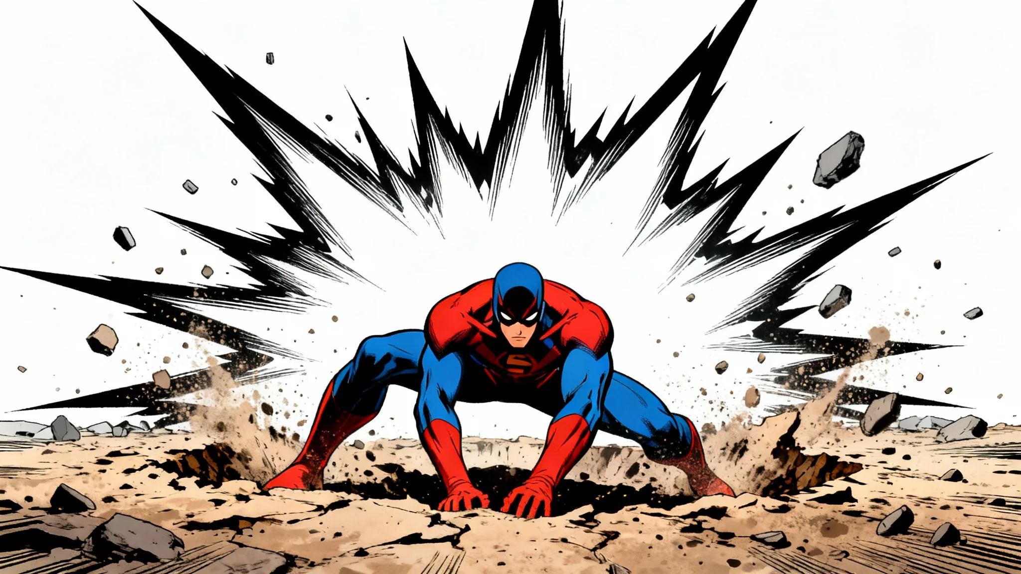 Dynamic anime superhero landing with a black and white impact frame effect on a white background.