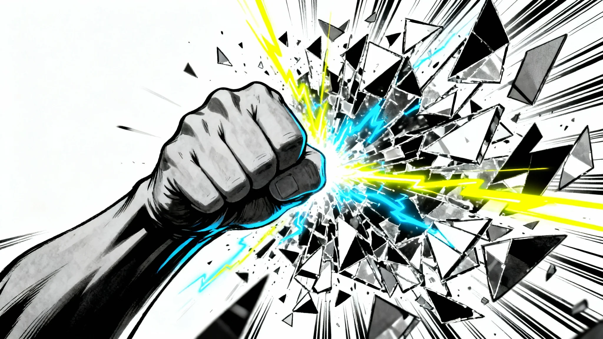 An anime-style illustration depicting a powerful impact frame. A fist creates an explosive shockwave with shattered glass effects and radiating energy lines on a white background.