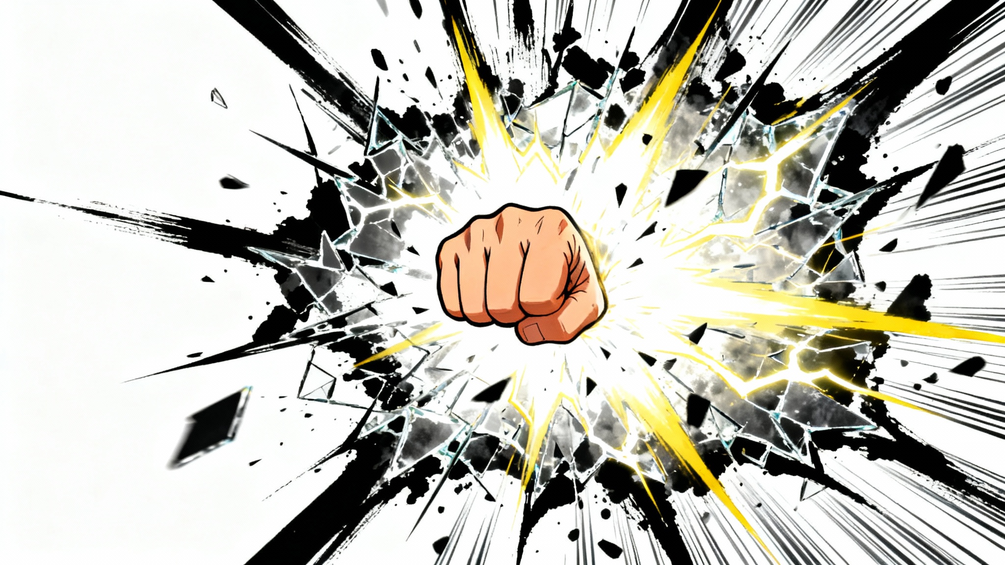An anime-style impact frame showing a close-up of a powerful punch, with explosive light, energy crackles, and radiating shockwaves on a white background.