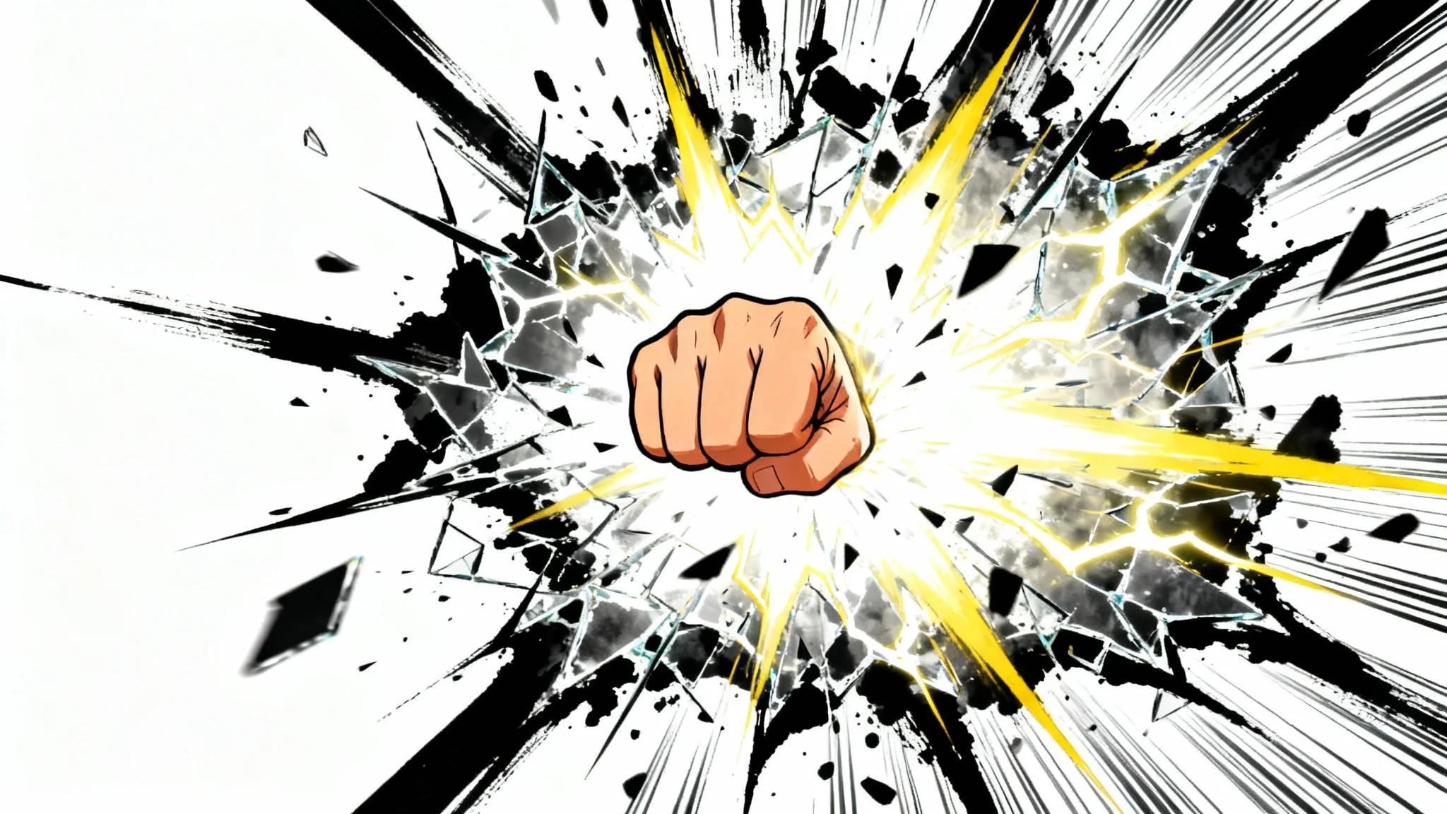 An anime-style impact frame showing a close-up of a powerful punch, with explosive light, energy crackles, and radiating shockwaves on a white background.