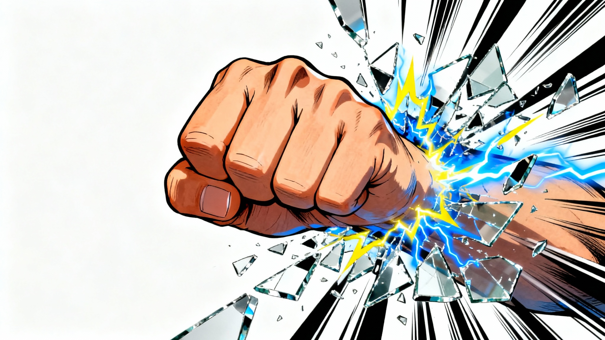 An anime-style illustration of a powerful punch shattering a glass-like surface, with dramatic black and white lines radiating from the impact point, all set against a white background.